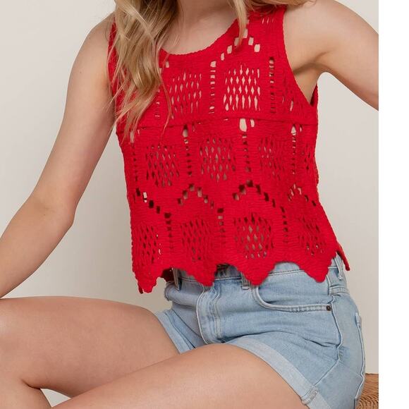 Sleeveless Round Neck Cotton Crochet Crop Tank Top Red - Picture 3 of 5